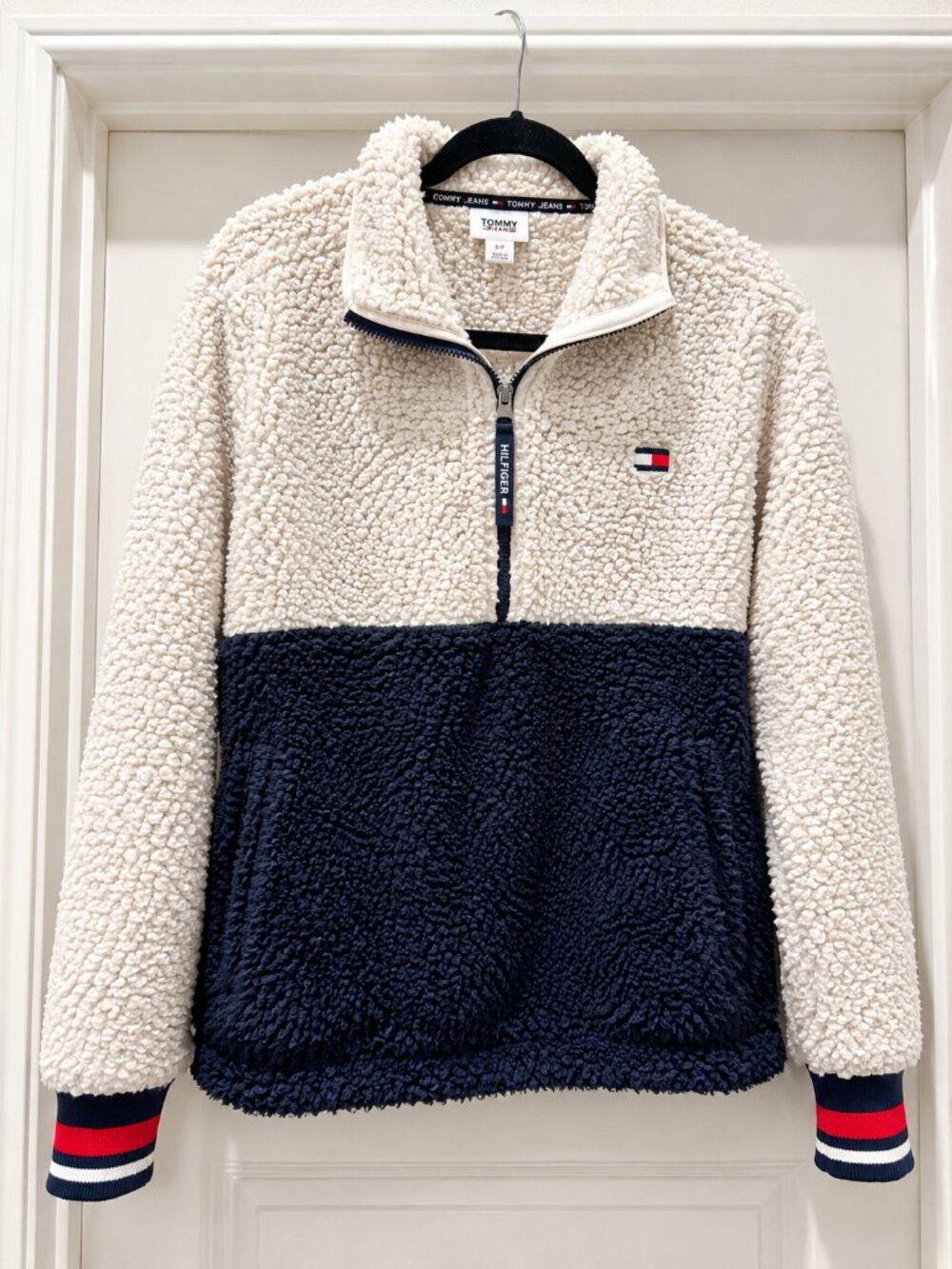 Tommy Hilfiger Sherpa Quarter-Zip Pullover Fleece Jacket | Cream & Navy | Size L